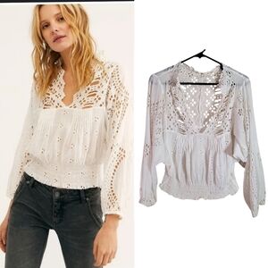 Free People One Clare Eyelet Dolman Longsleeve Blouse Top White 100% Cotton